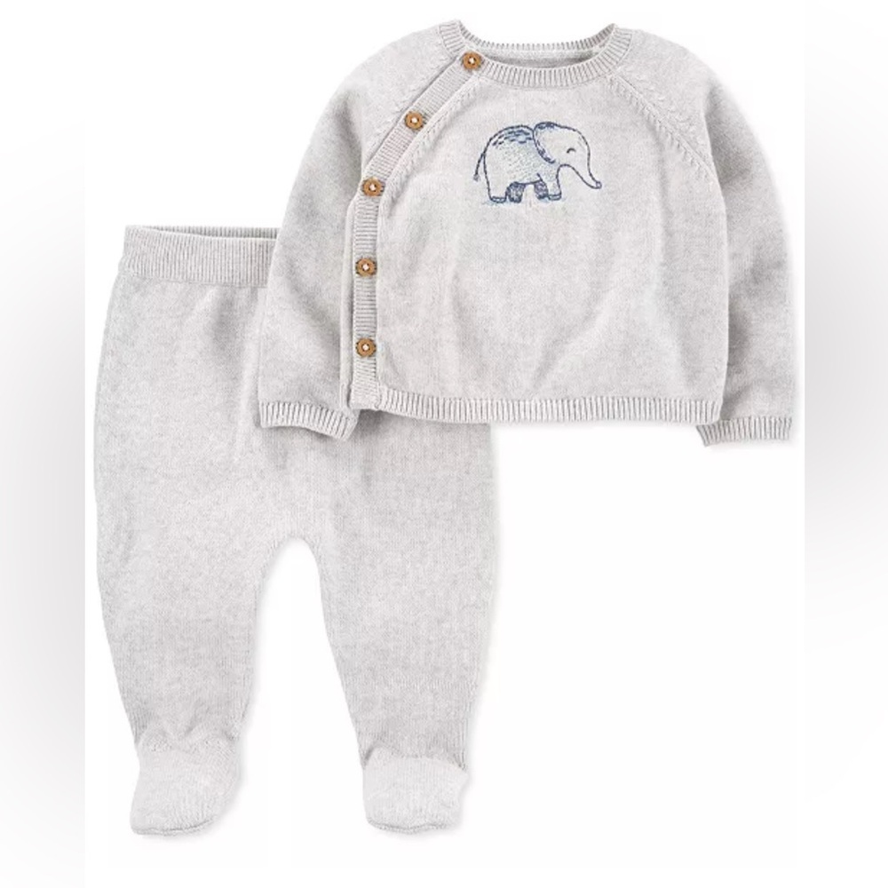 Gray Baby Sweater and Pants Set with Elephant